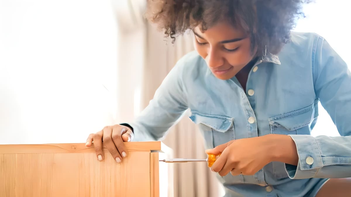 A woman assembling furniture in her room