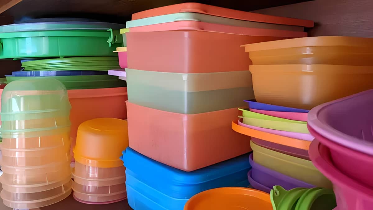 Plastic containers stacked together