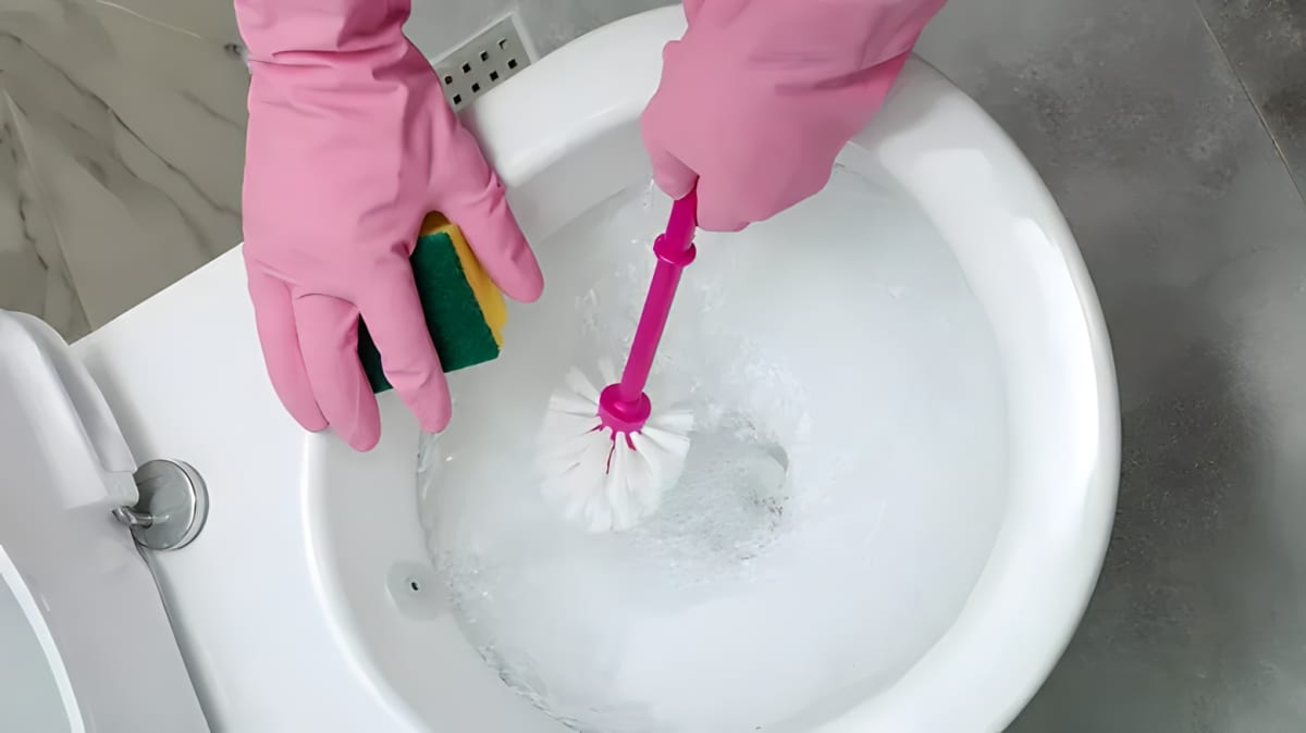 A person cleaning toilet with a brush