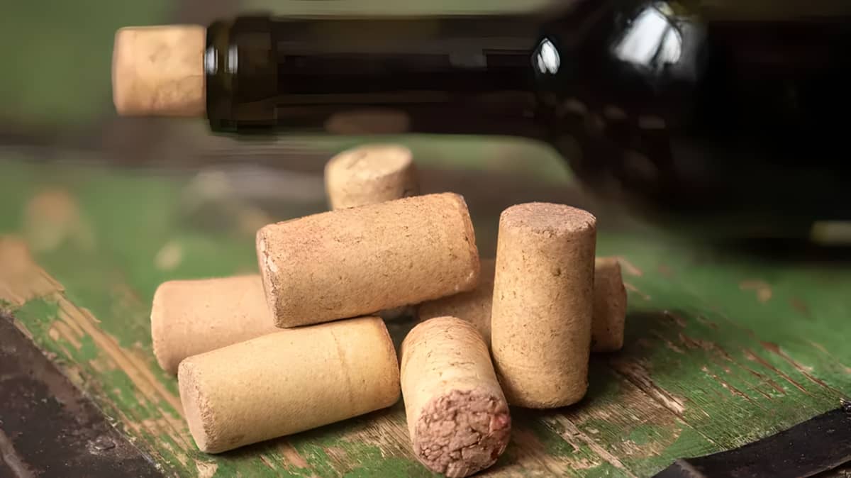 Wine corks stacked on a wooden surface