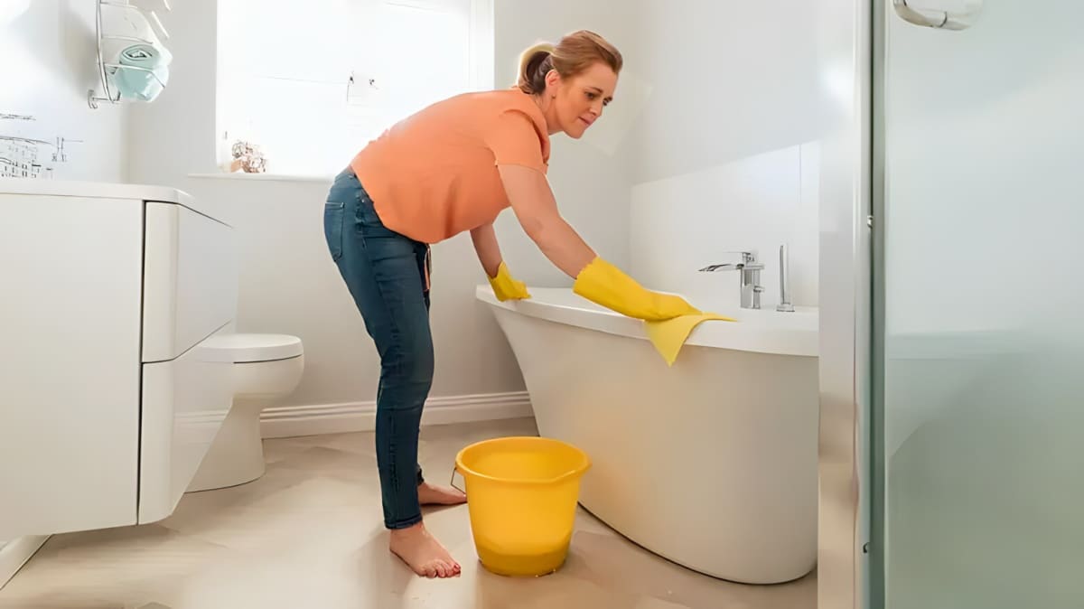 A woman cleaning bathtub