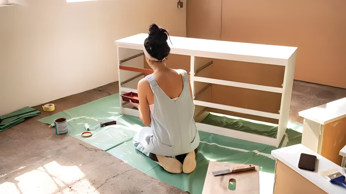 A woman customizing the Ikea Malm dresser