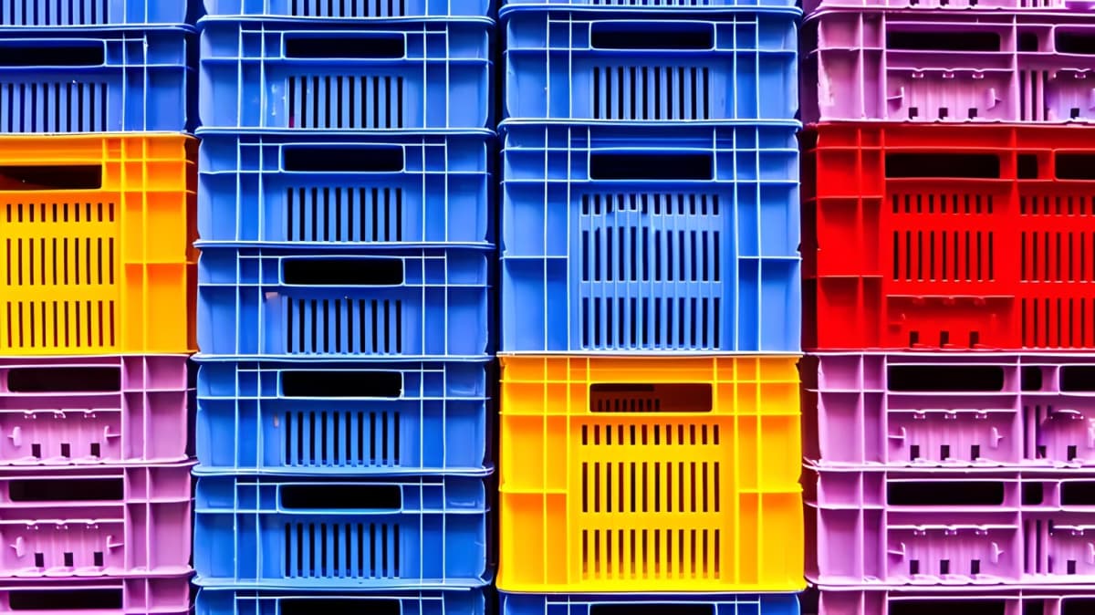 Blue and yellow plastic crates stacked together.