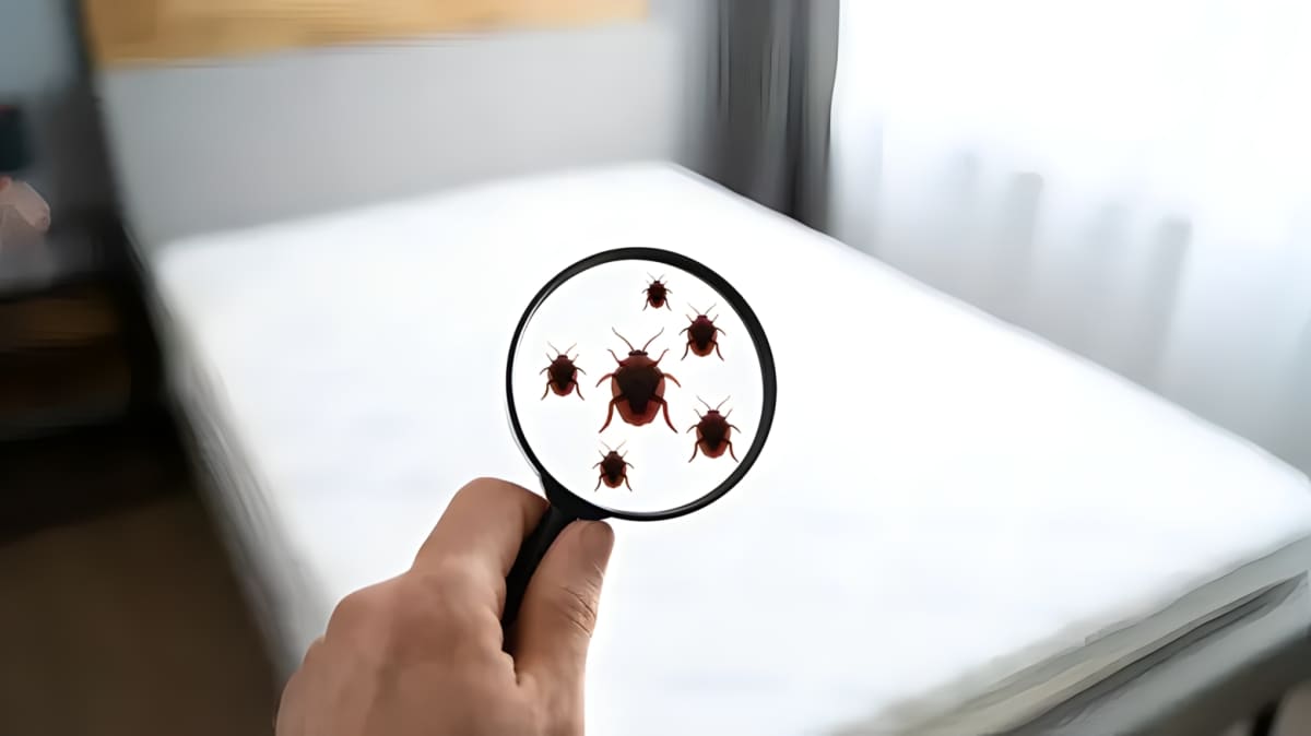 A person inspecting for bed bugs