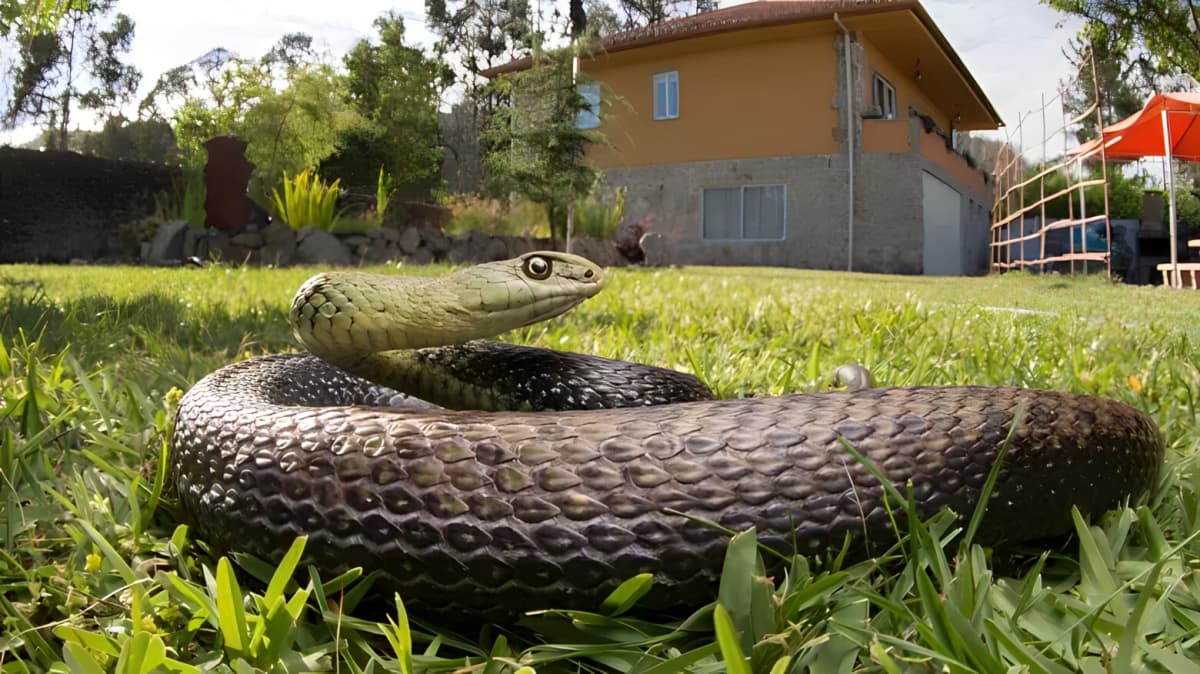 A snake coiled up in the garden