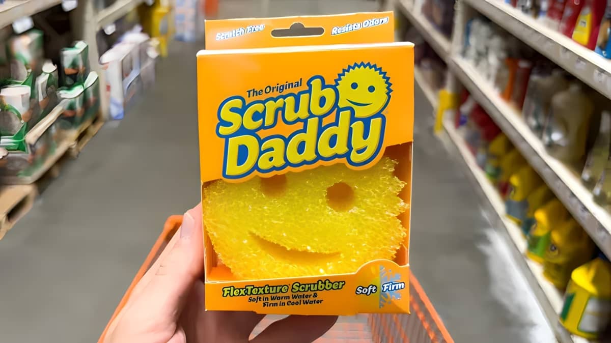Close-up of yellow Scrub Daddy package