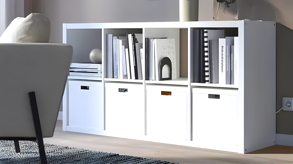 A white cabinet in the living room