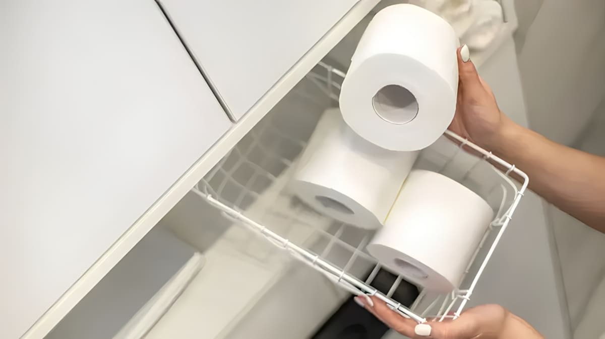 A person taking out toilet paper roll from storage