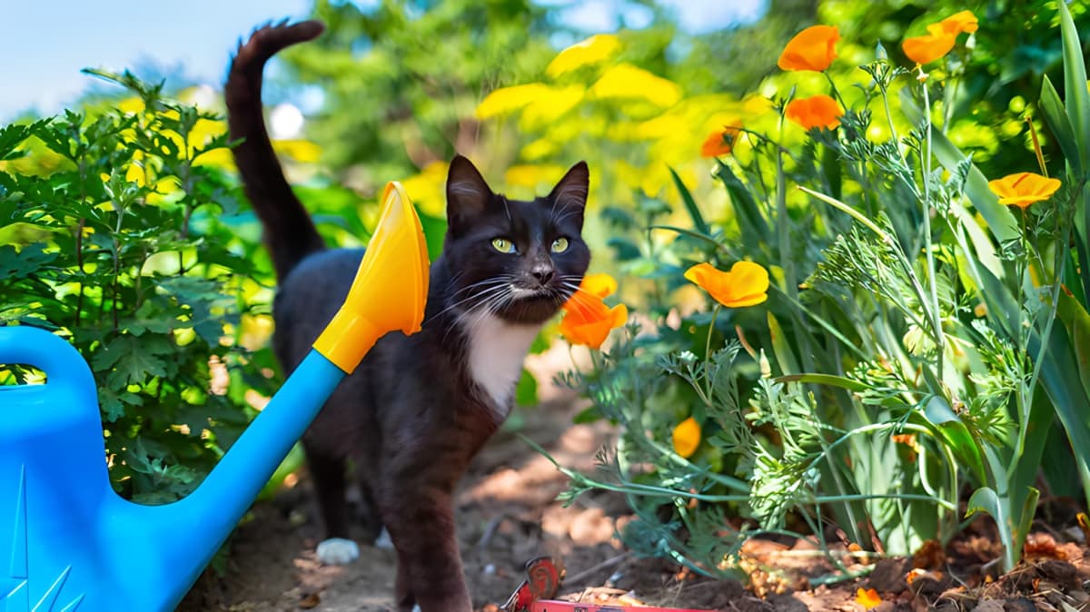 A black cat walking through a garden