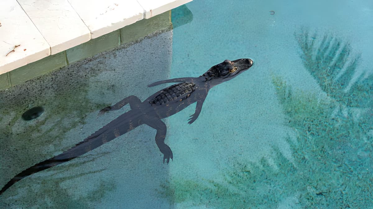 A small alligator in a swimming pool