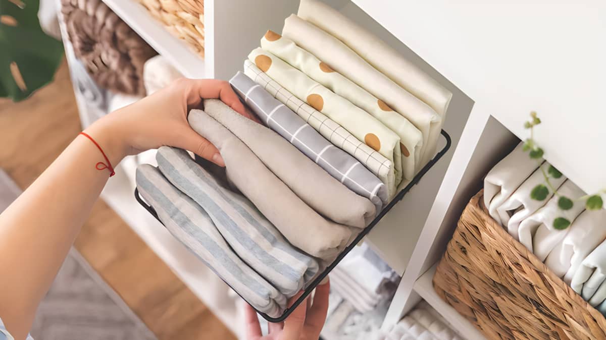 A person grabbing pillowcases from a storage bin full of pillowcases