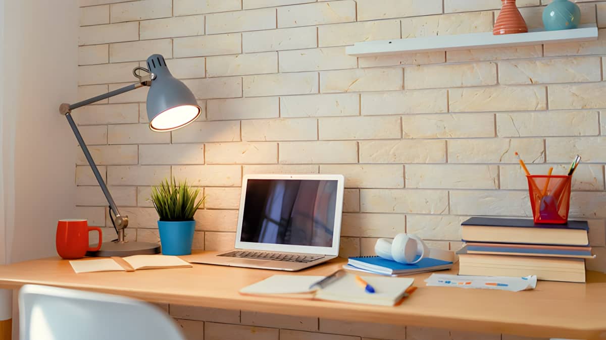 An open laptop on a desk with a desk lamp