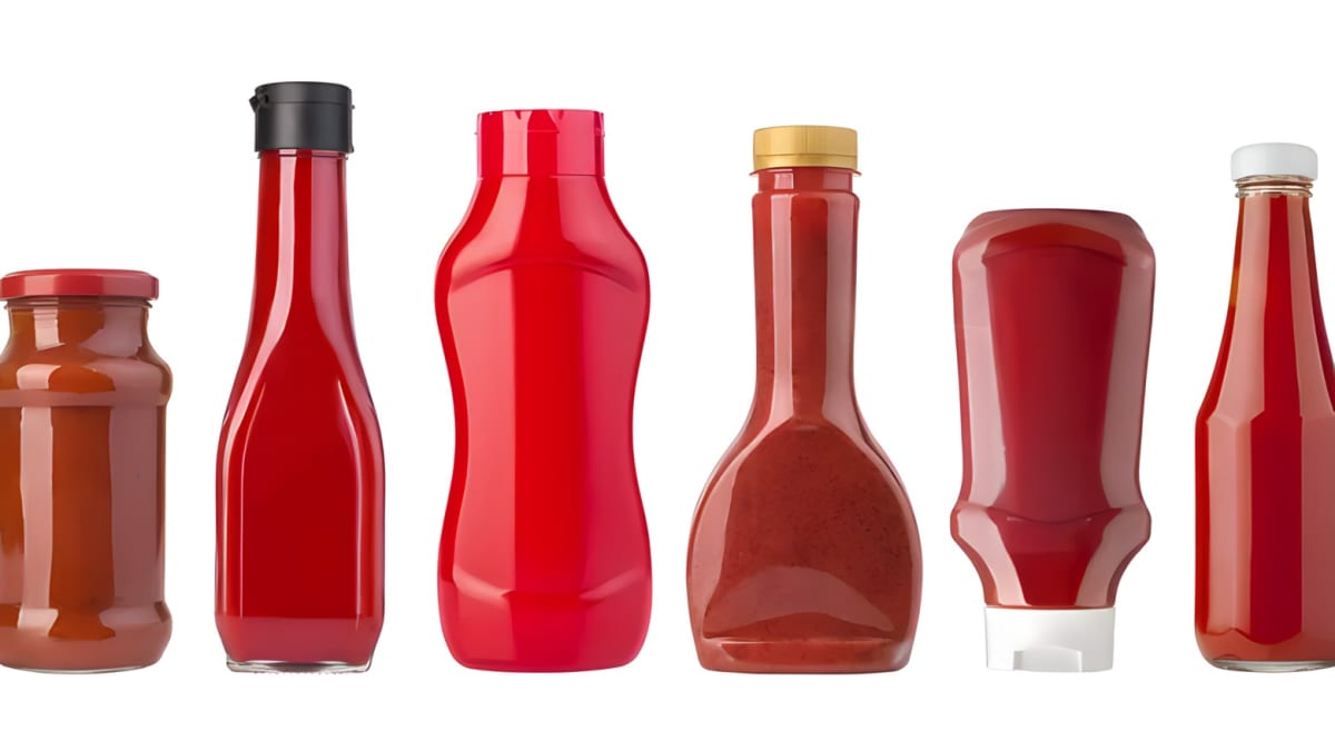 Bottles of ketchup lined up