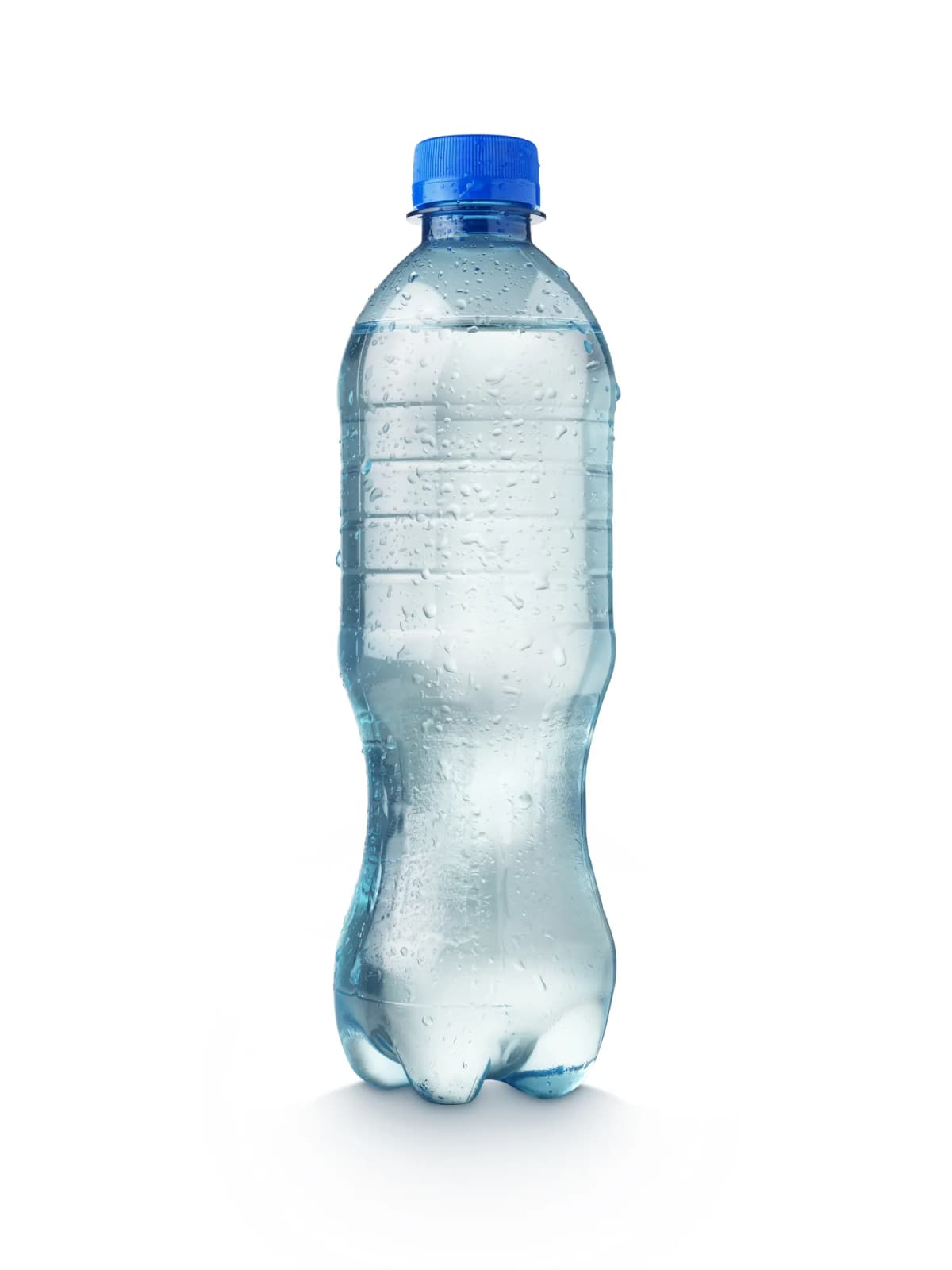 A plastic water bottle against a white background