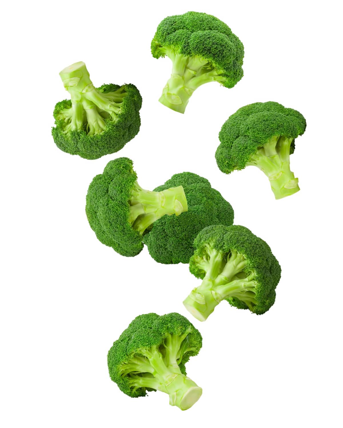 Chopped pieces of broccoli against a white background