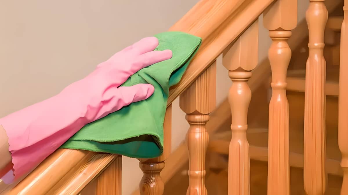 Person with gloves wiping wooden handrail.