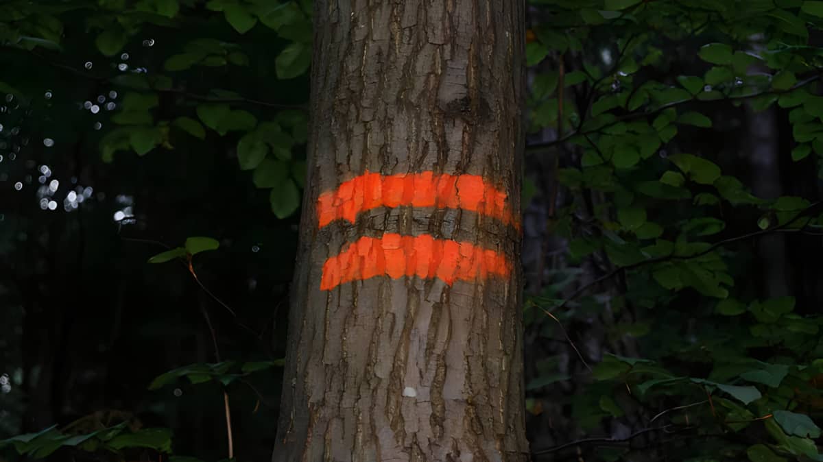 Tree trunk painted with orange stripes.
