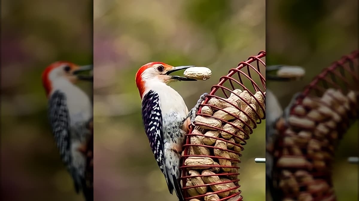 A woodpecker with a whole peanut in mouth.