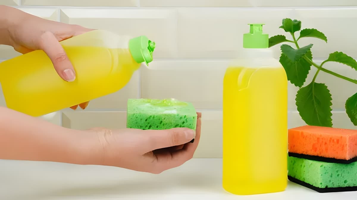 A dish soap bottle next to kitchen sponges