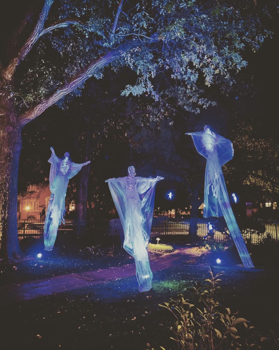 Ghostly figure decorations hanging from tree
