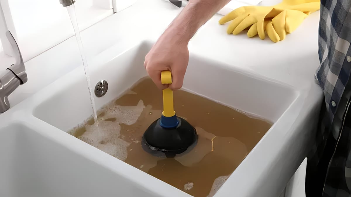 A man uses a plunger on a sink clog