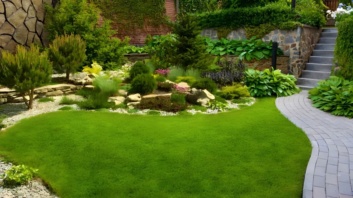 A manicured lawn and garden