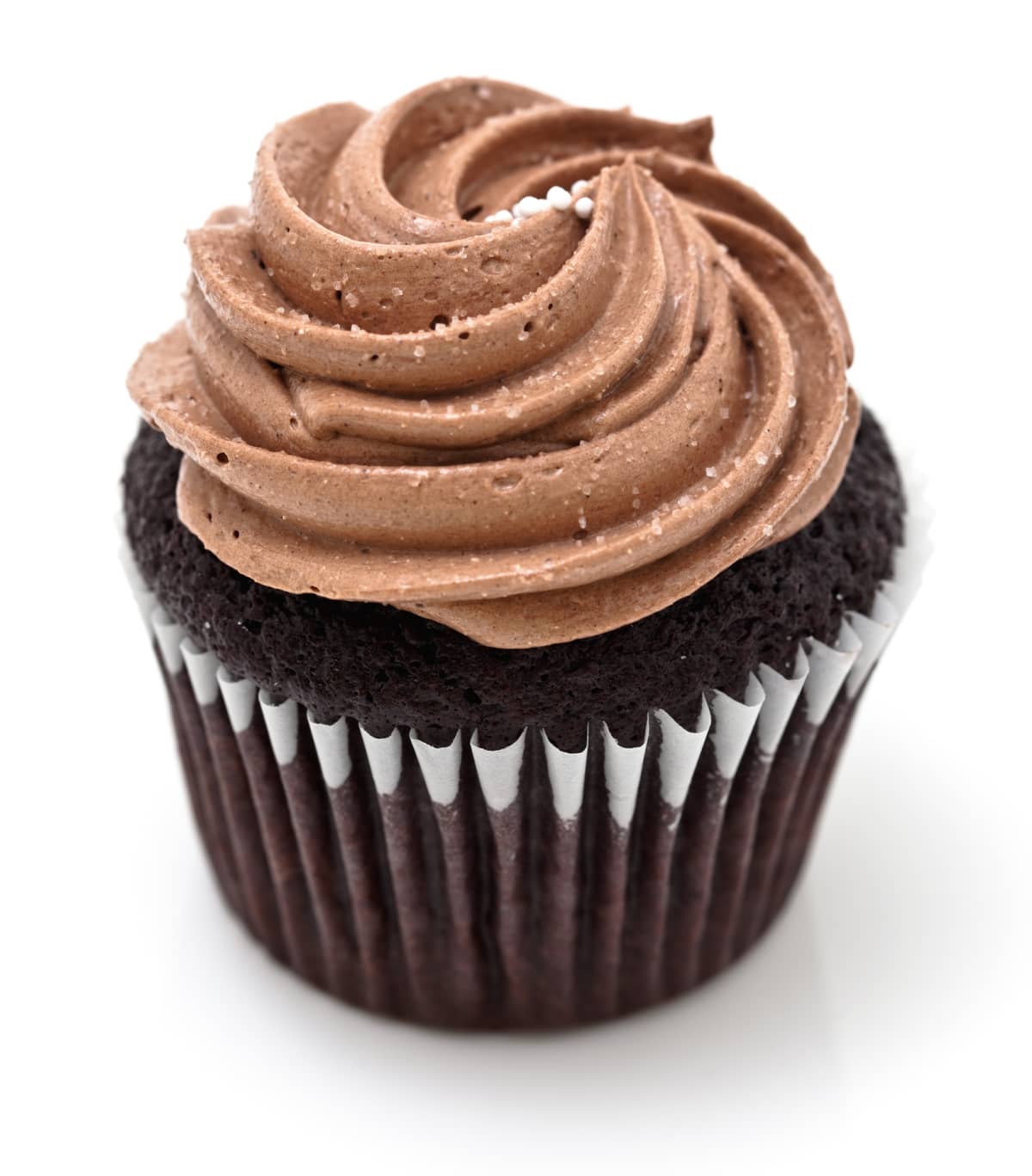 A chocolate cupcake with chocolate buttercream frosting