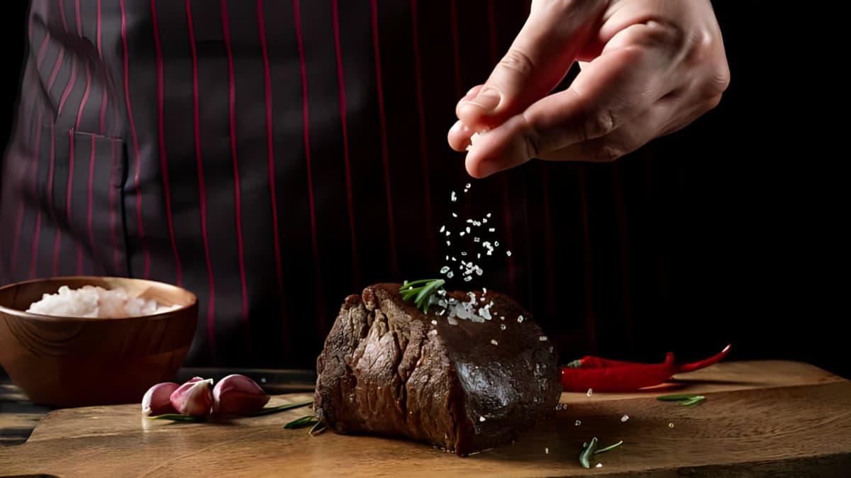 A closeup of a person seasoning a steak. 