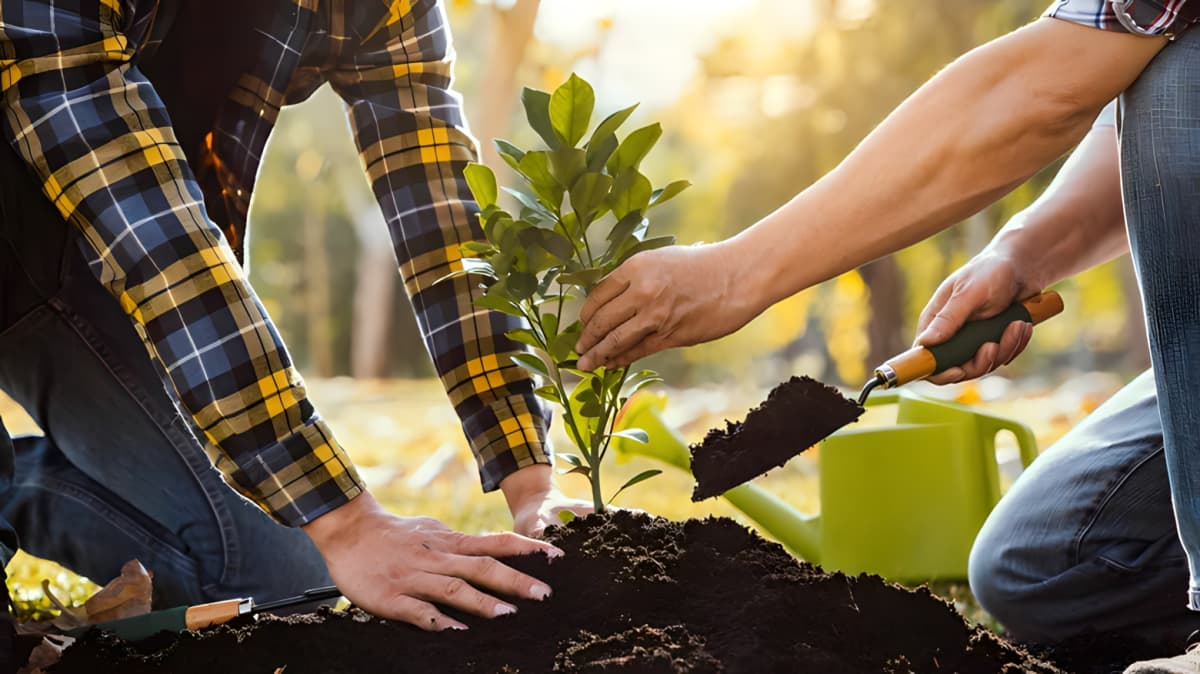 Two people planting a new sapling