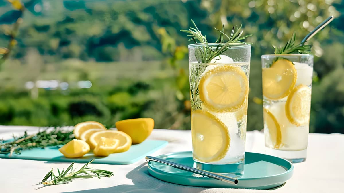 Glass of lemon water with rosemary sprig