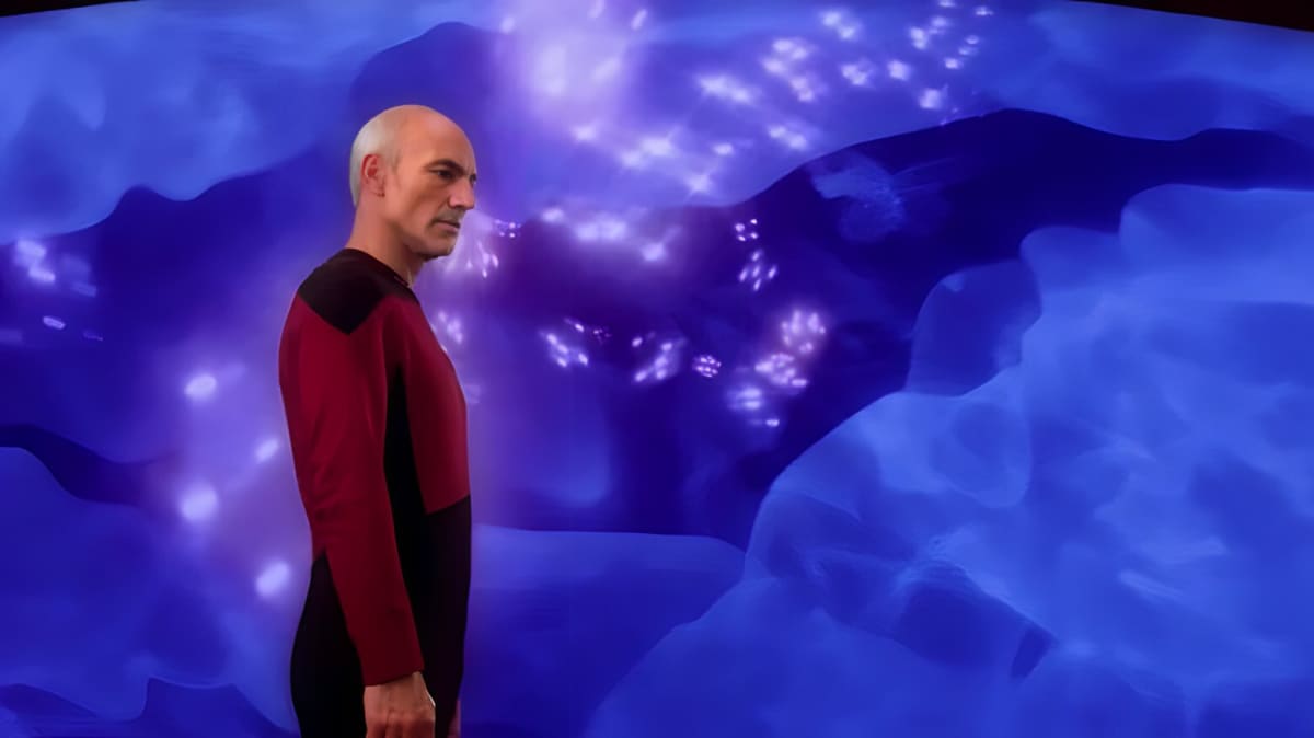 Captain Picard with starship in purple background.