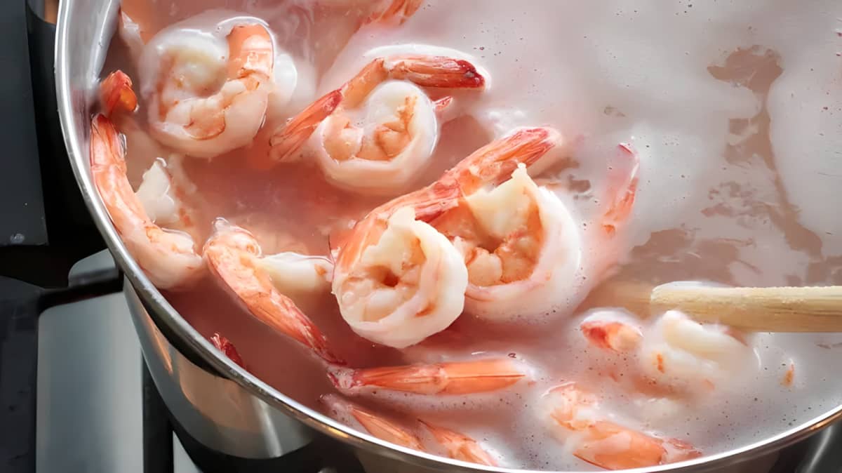 Shrimp boiling in a pot.