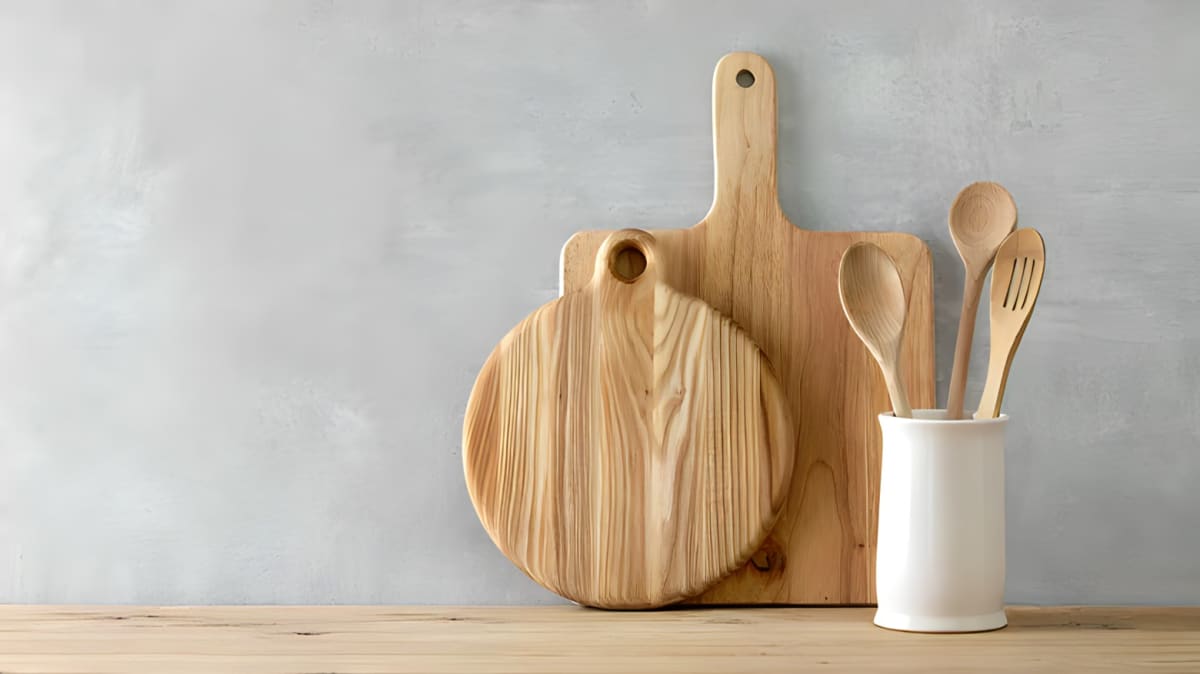 Wooden cutting boards next to wooden utensils