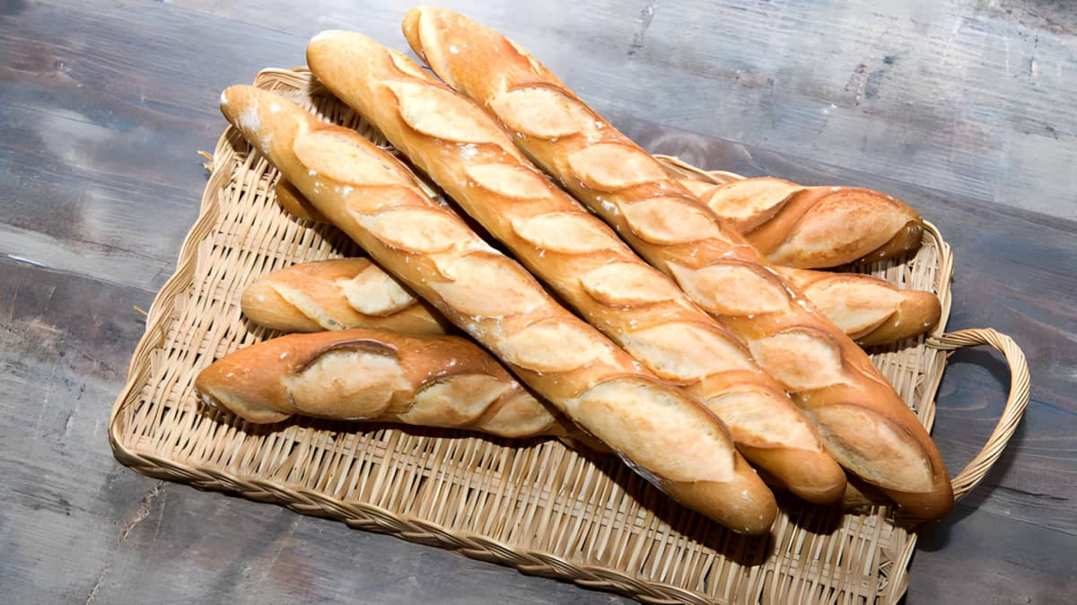 Baguettes stacked on top of each other.