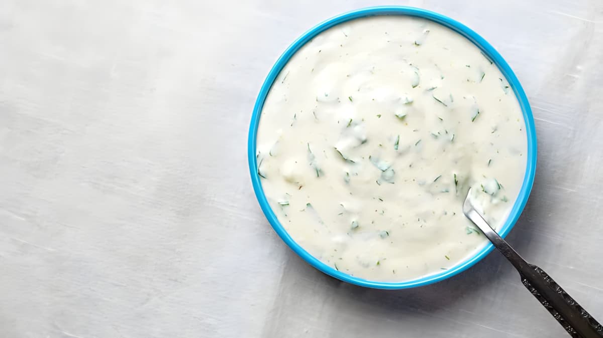 Ranch dressing in a blue bowl