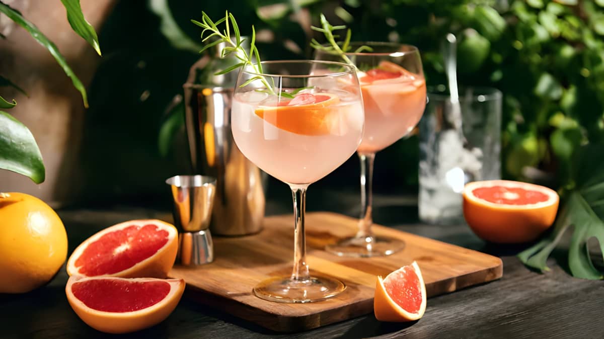 Two pink cocktail drinks garnished with grapefruit
