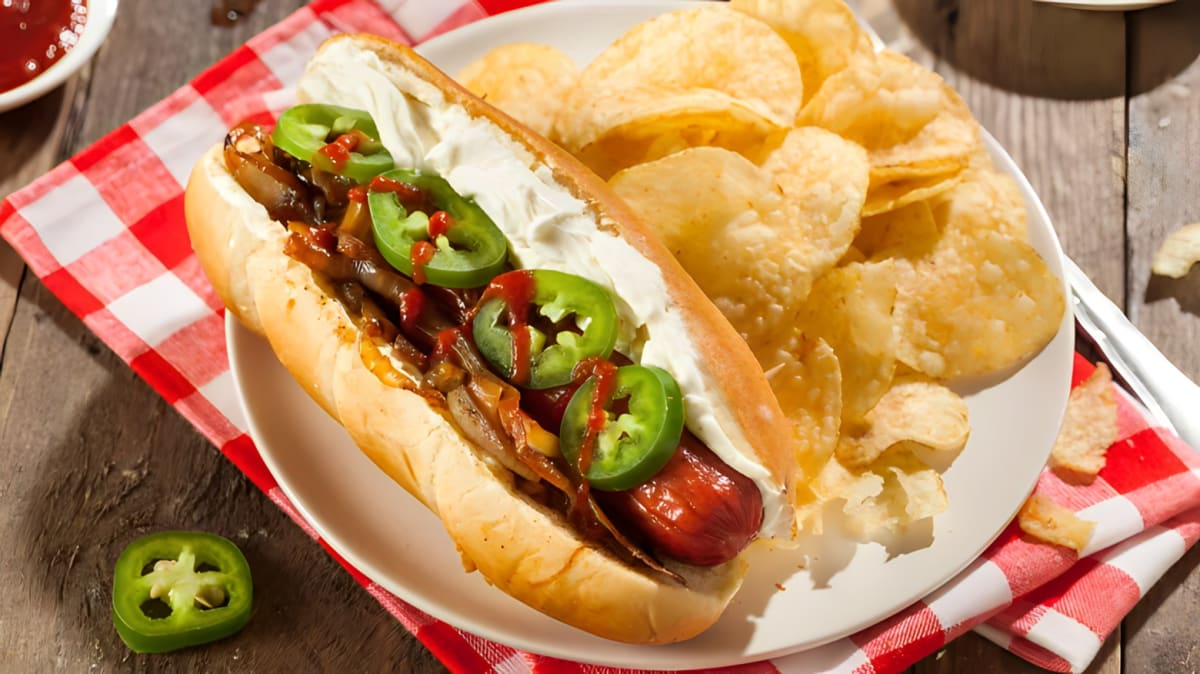 Hot dog with jalapenos, cream cheese, and ketchup