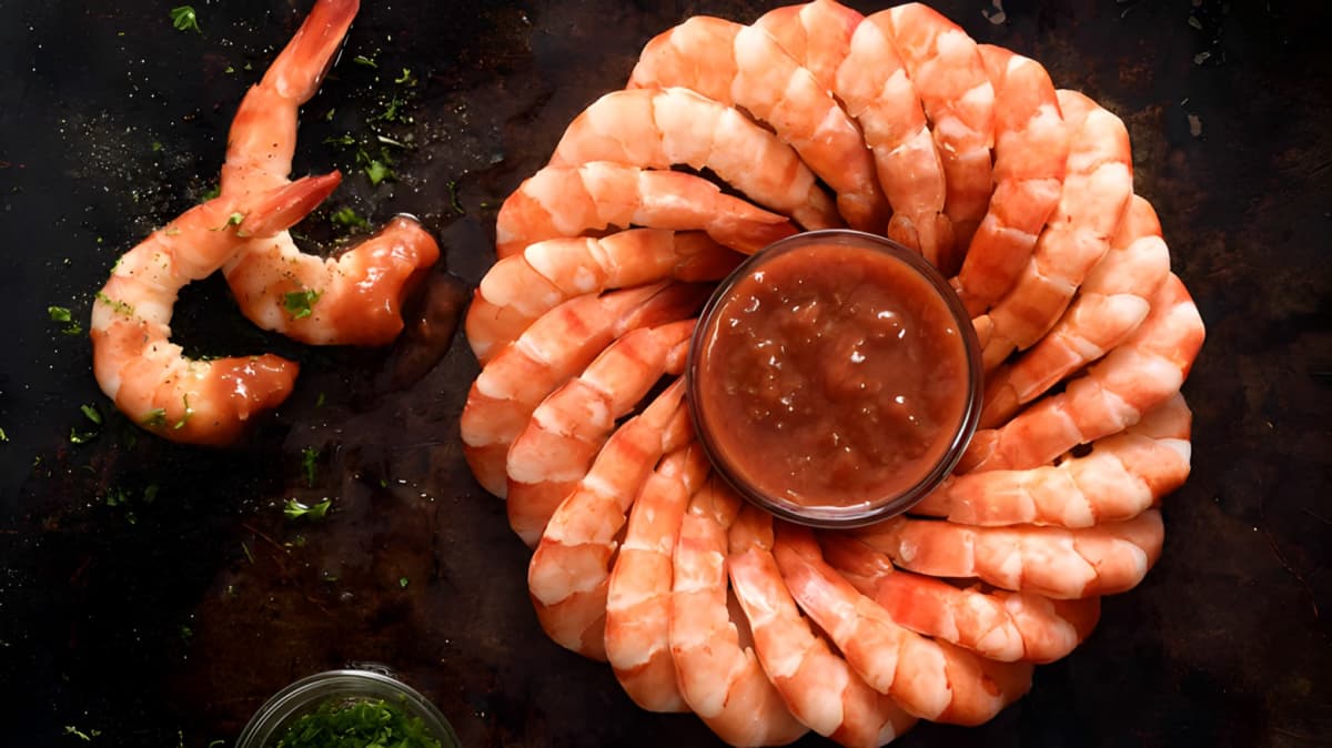 Cocktail sauce surrounded by shrimp