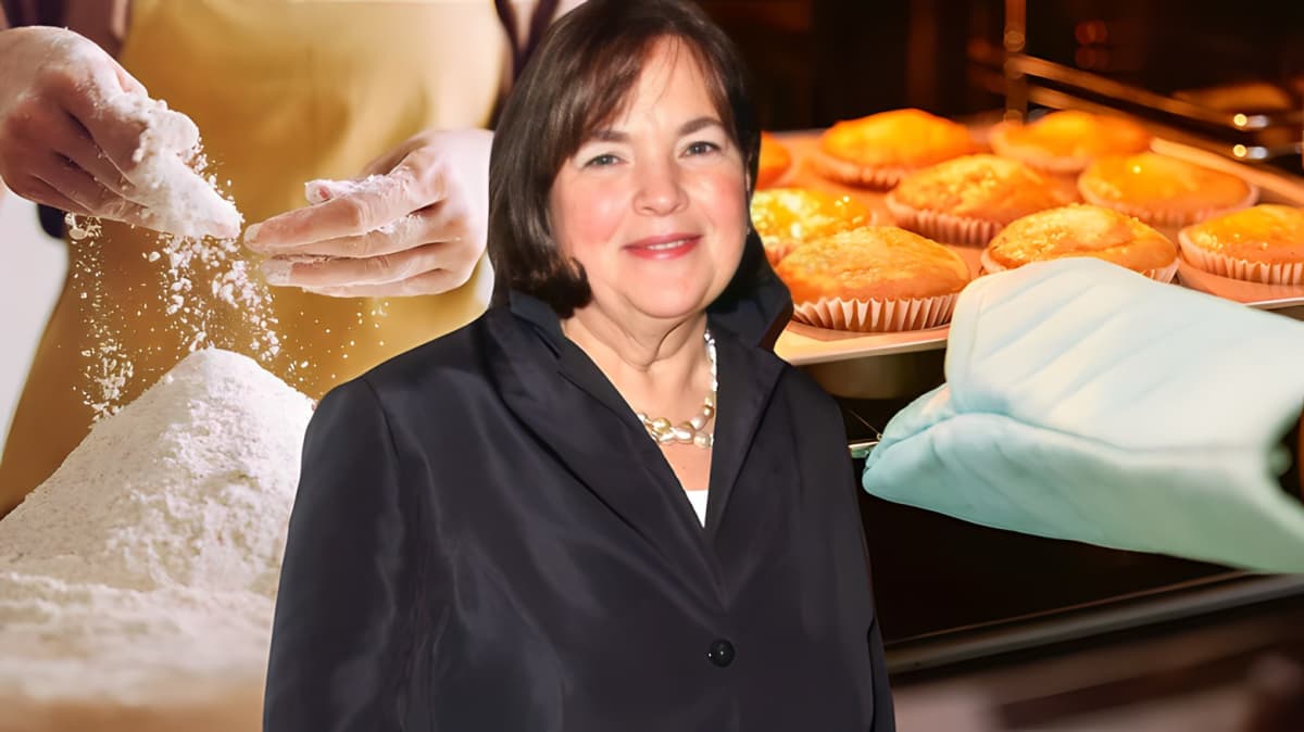 Celebrity Chef Ina Garten in front of pictures of recipes. 