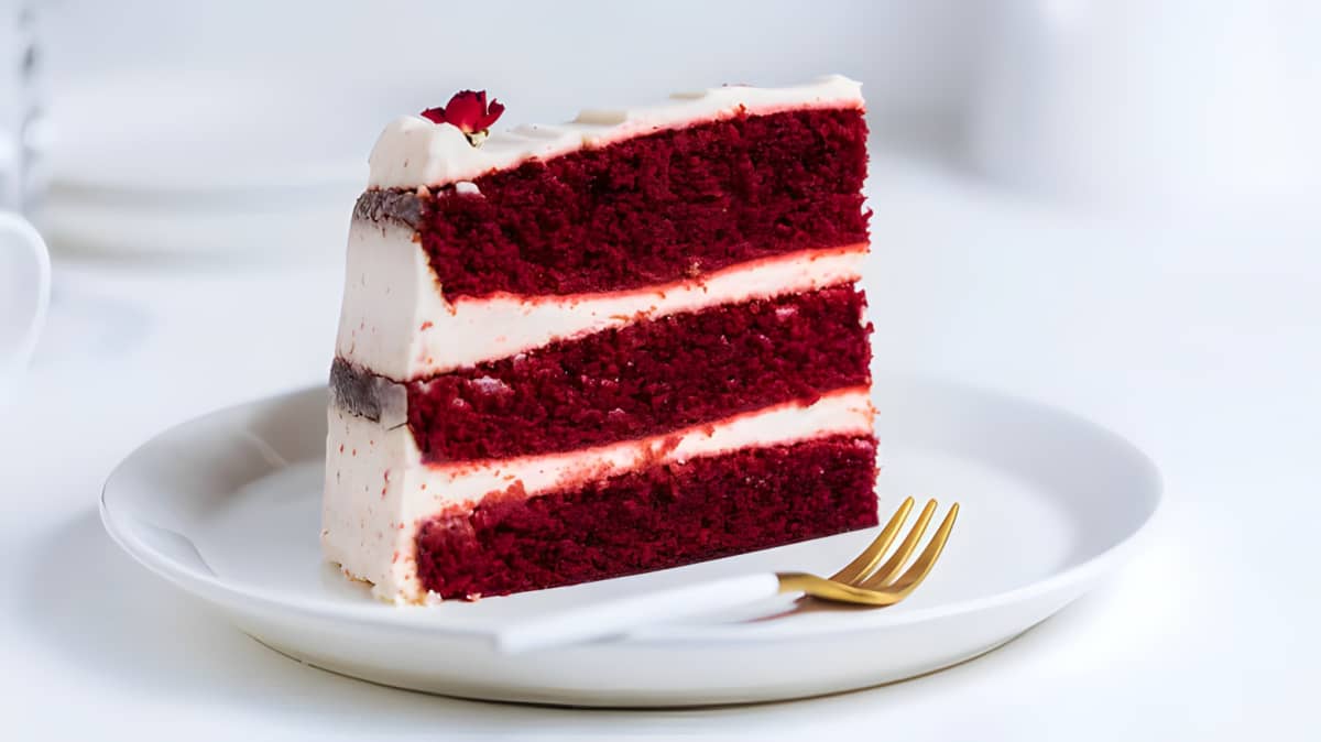 Slice of red velvet cake on a plate