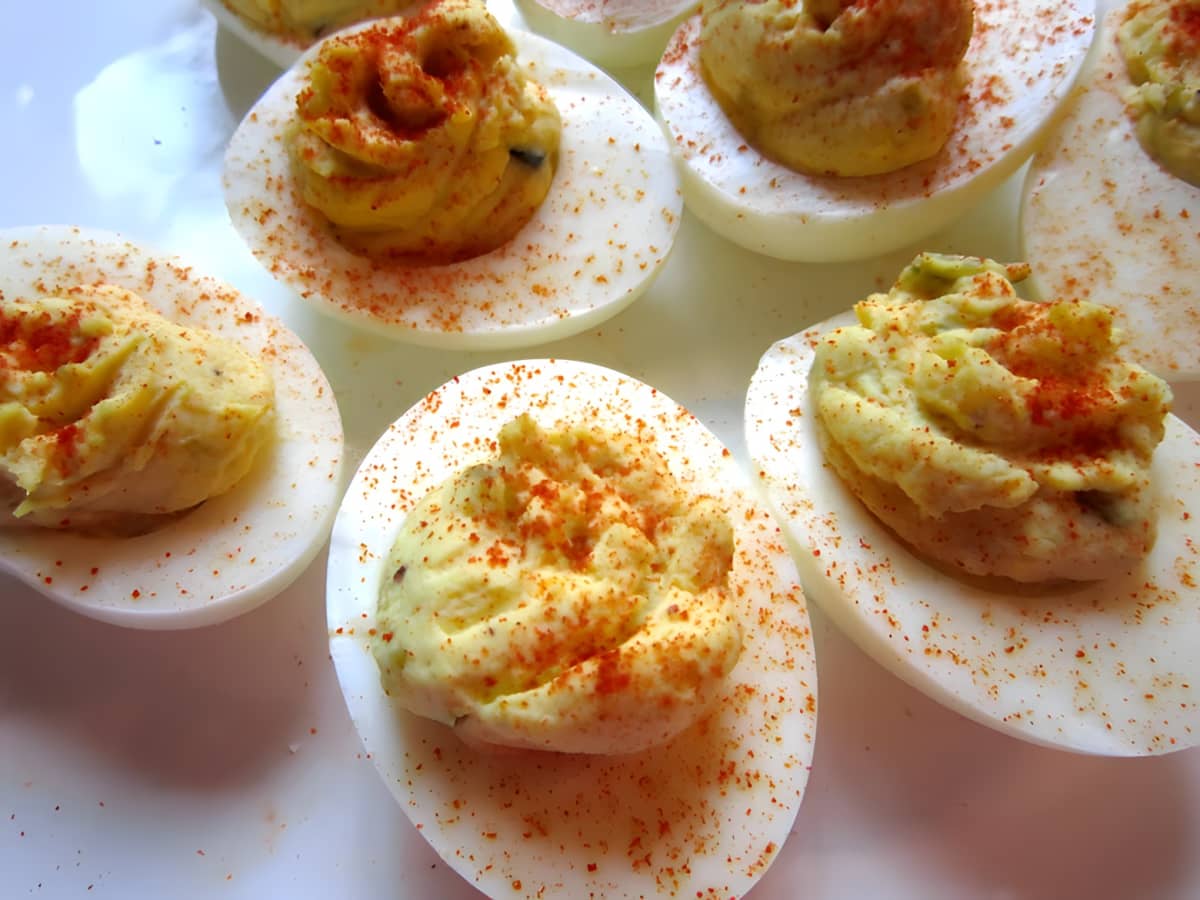 Deviled eggs on a plate.