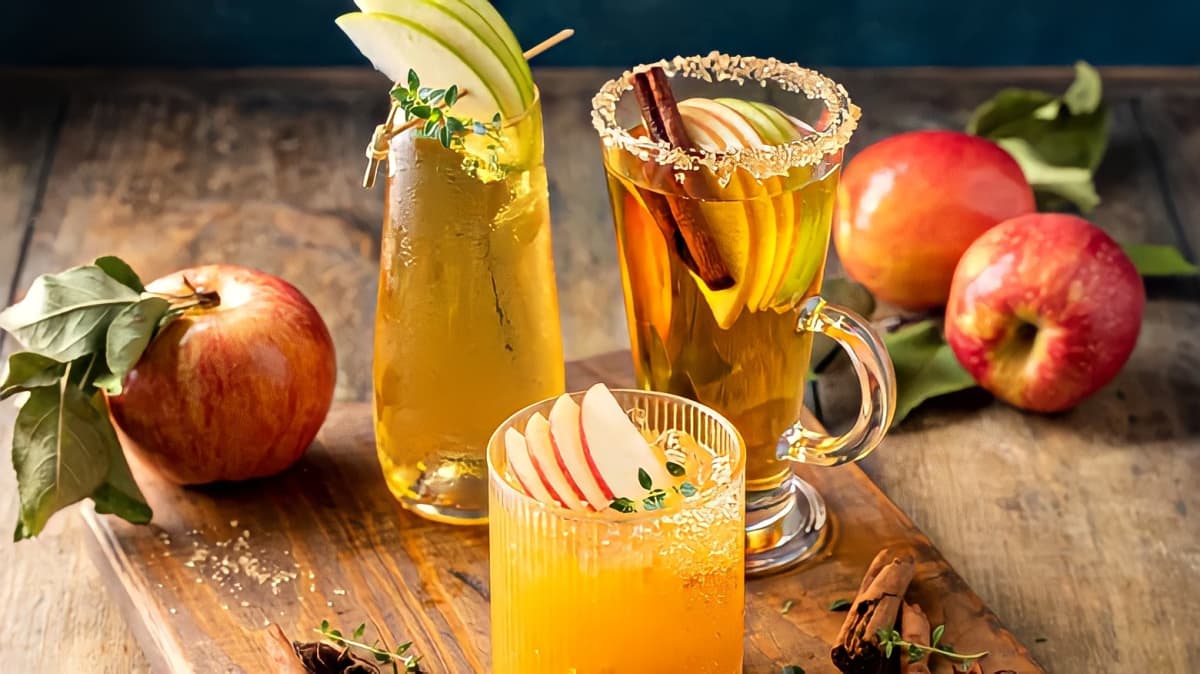 Glasses of apple cider garnished with apple slices and cinnamon sticks