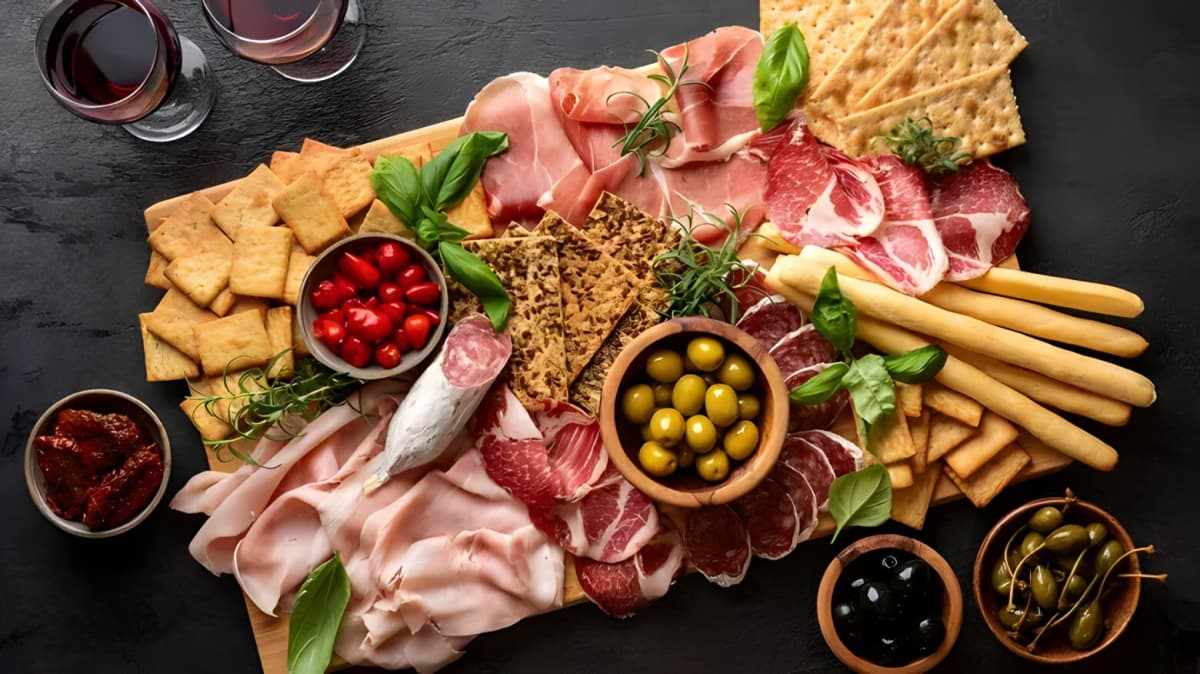 A charcuterie board with a variety of food on it.