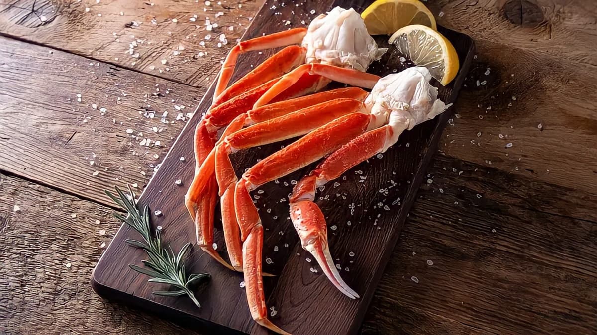 Crab legs on a wooden table.