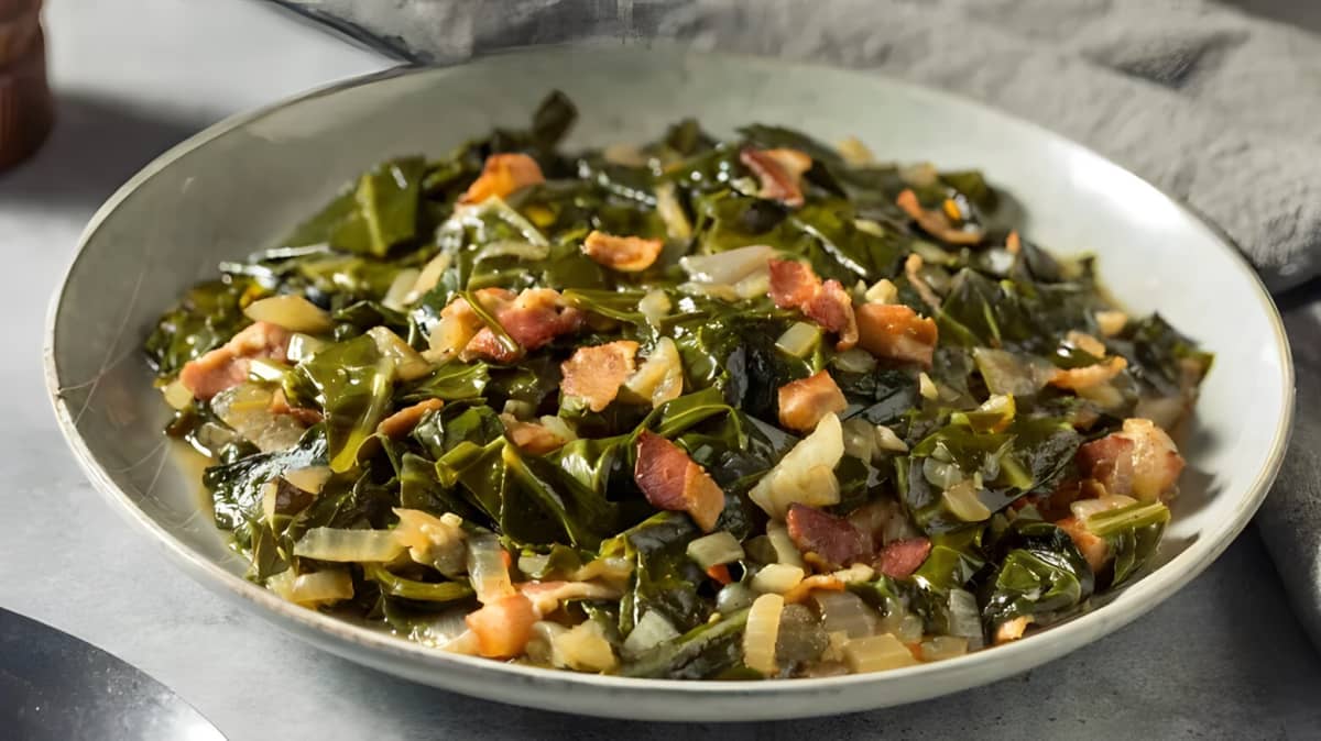 Braised collard greens with bacon.