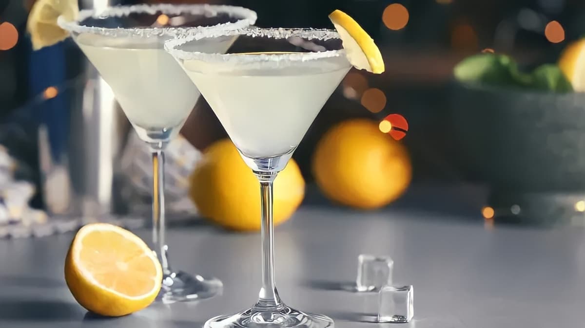 Two lemon drop martinis and lemons.