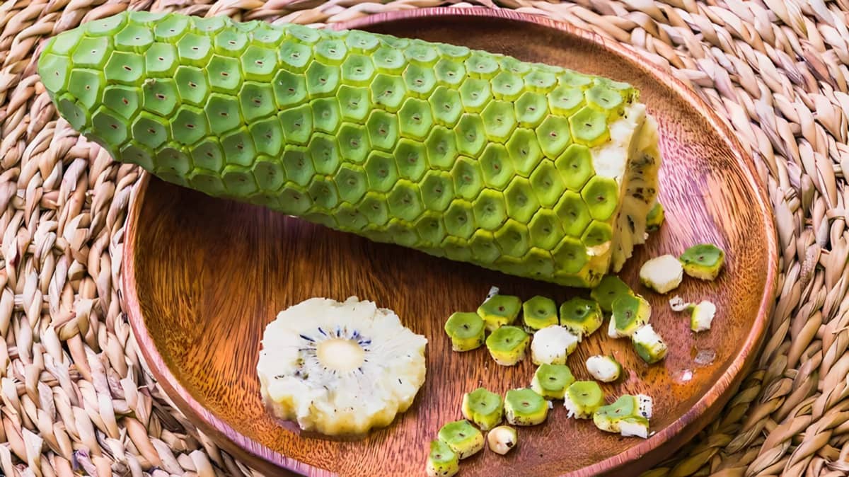 "Monstera deliciosa" fruit on a wooden plate.