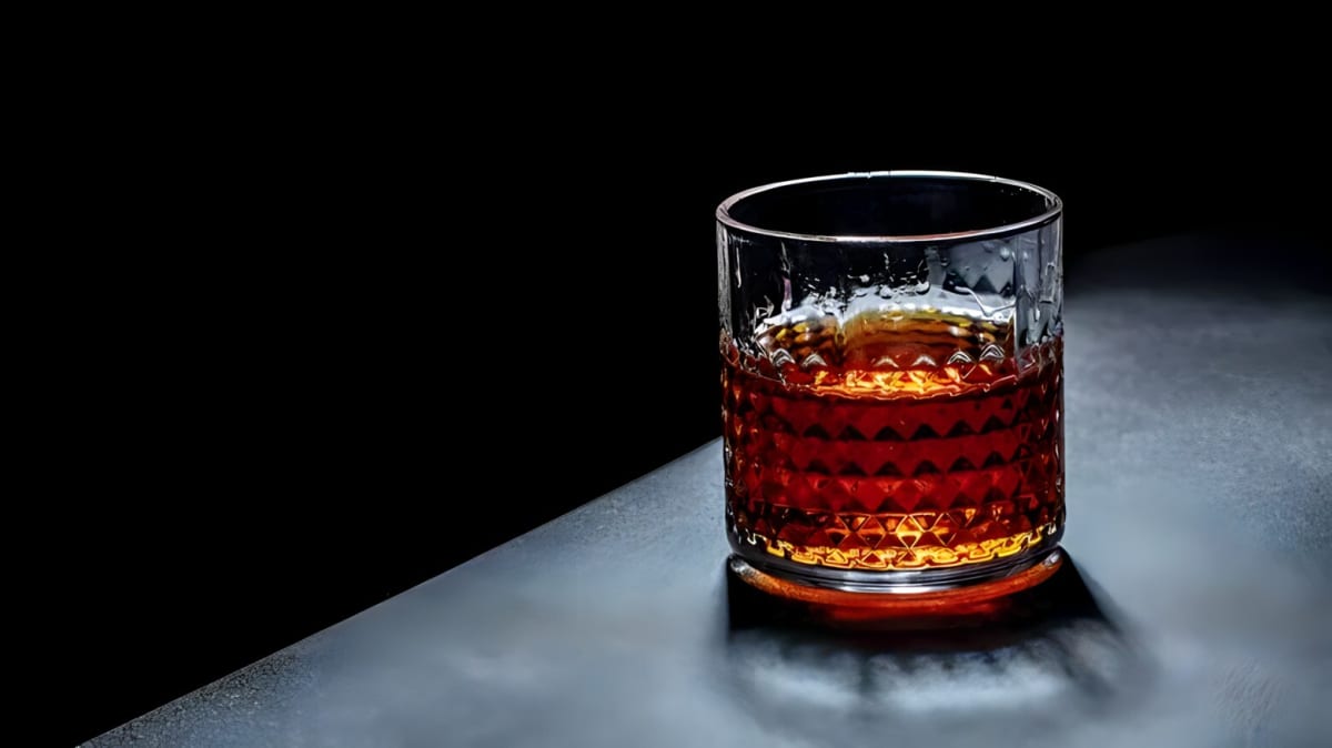 A glass of bourbon against a black background.