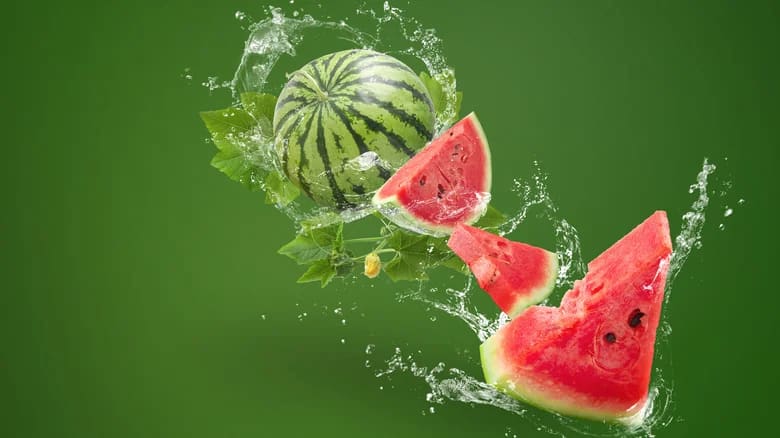 A whole watermelon surrounded by watermelon wedges and water