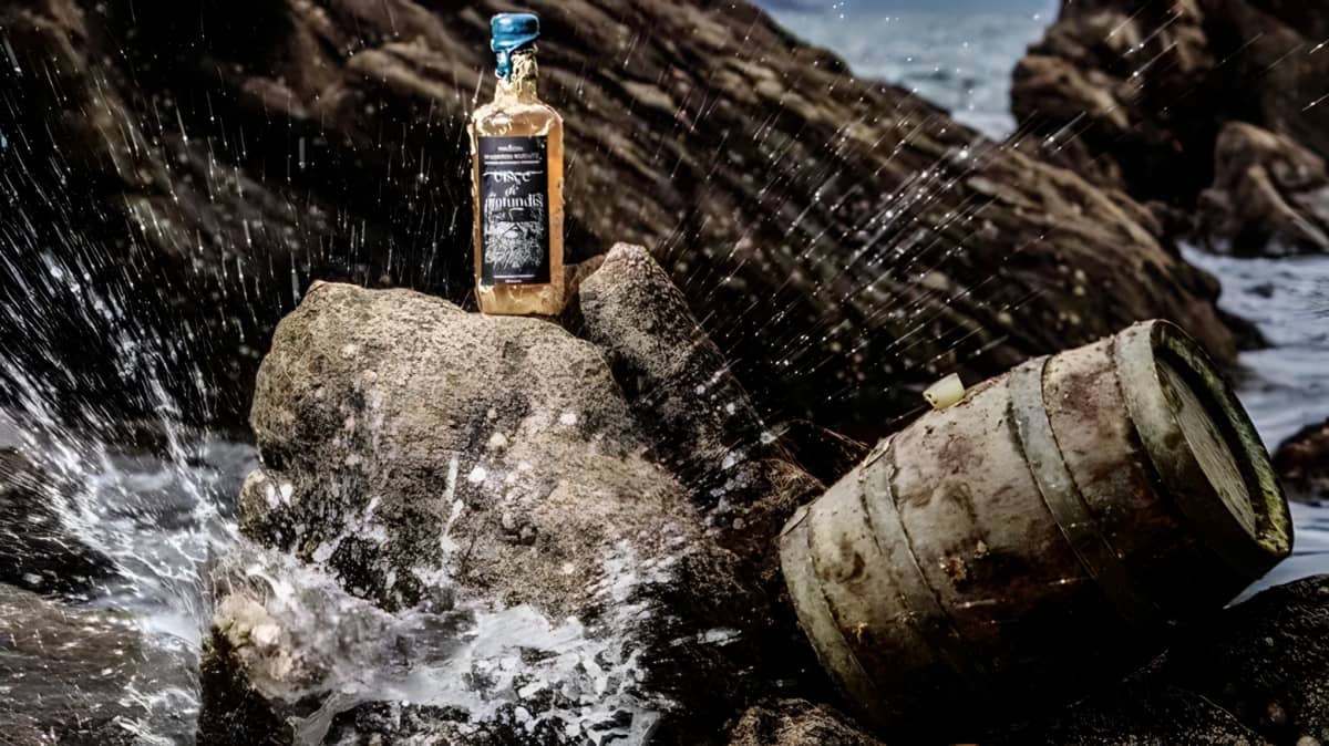 A whiskey bottle in ocean spray.